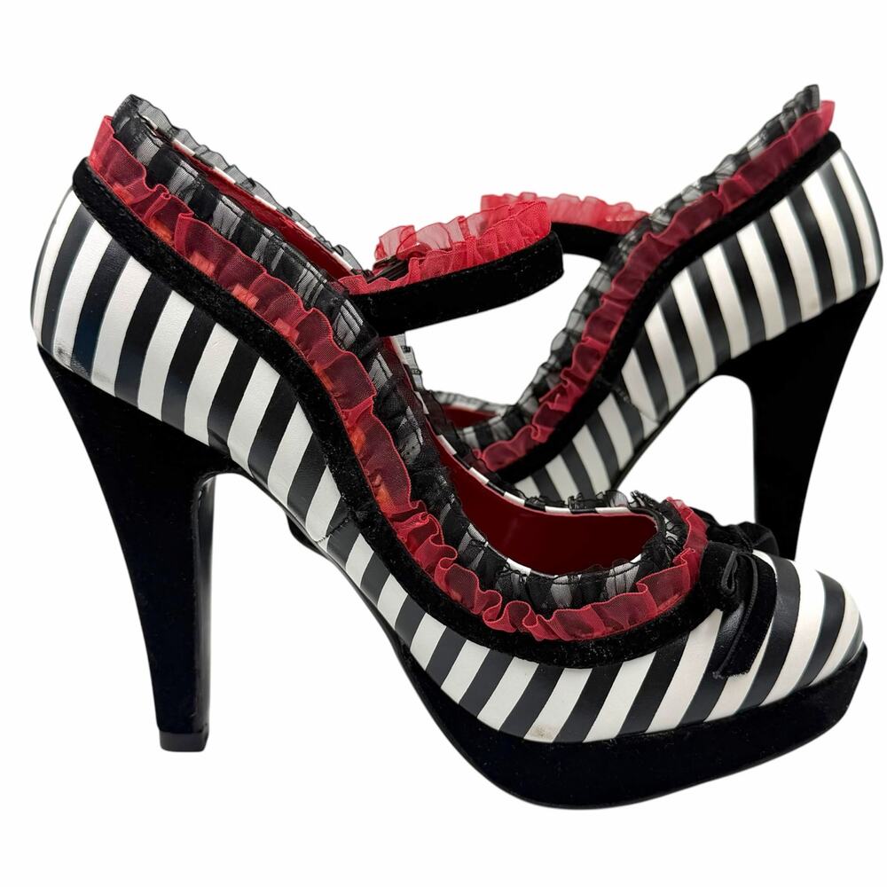 Pin Up Couture Bettie Beetlejuice Black White Stripe Red Ruffle Heels Womens 6